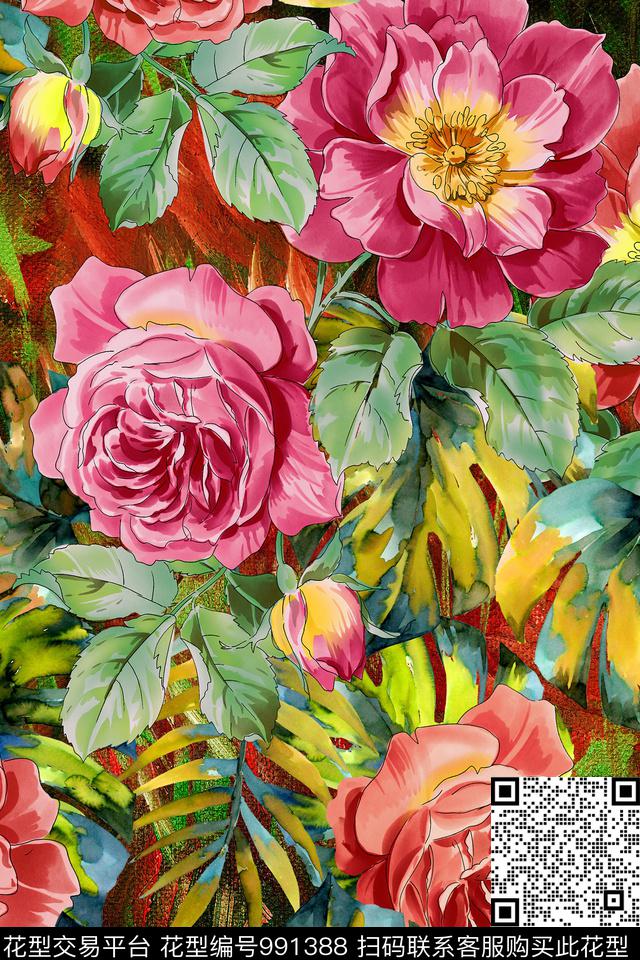 肌理大花花卉数码印花华亿平台下载（图片编号: 991388） - 瓦栏（Walan）