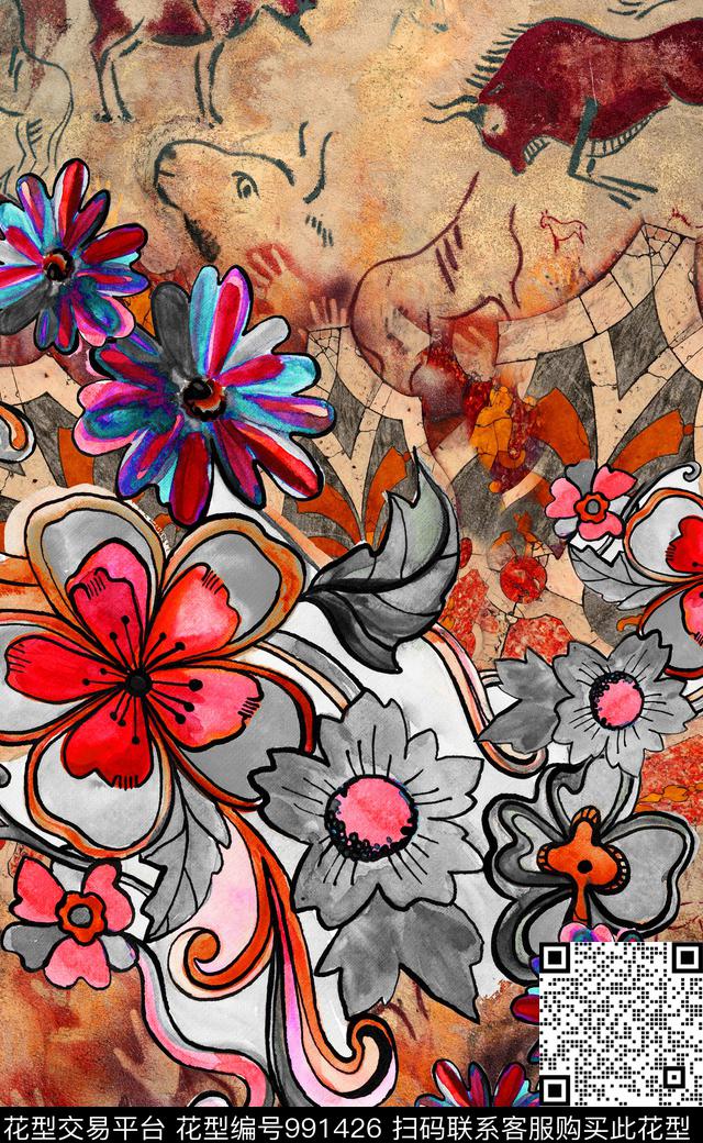 民族风抽象花卉数码印花华亿平台下载（图片编号: 991426） - 瓦栏（Walan）