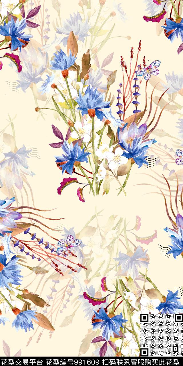 数码华亿平台水彩花卉清爽底花卉数码印花华亿平台下载（图片编号: 991609） - 瓦栏（Walan）