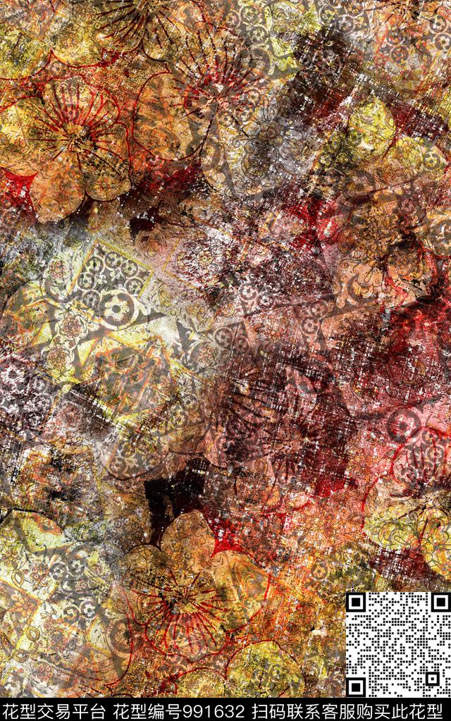 民族风抽象花卉数码印花华亿平台下载（图片编号: 991632） - 瓦栏（Walan）