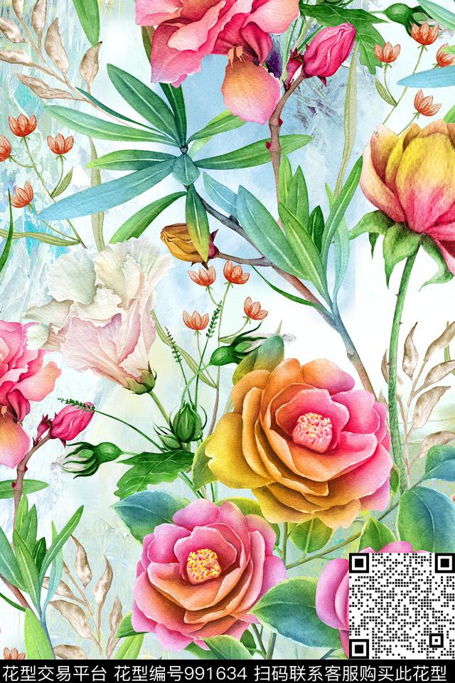 数码华亿平台大花花卉数码印花华亿平台下载（图片编号: 991634） - 瓦栏（Walan）