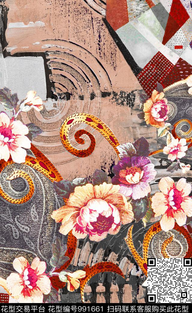 民族风抽象花卉数码印花华亿平台下载（图片编号: 991661） - 瓦栏（Walan）