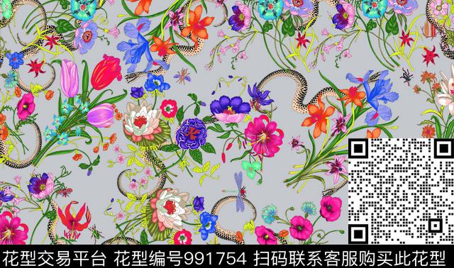 手绘花卉GUCCI大牌风数码印花华亿平台下载（图片编号: 991754） - 瓦栏（Walan）