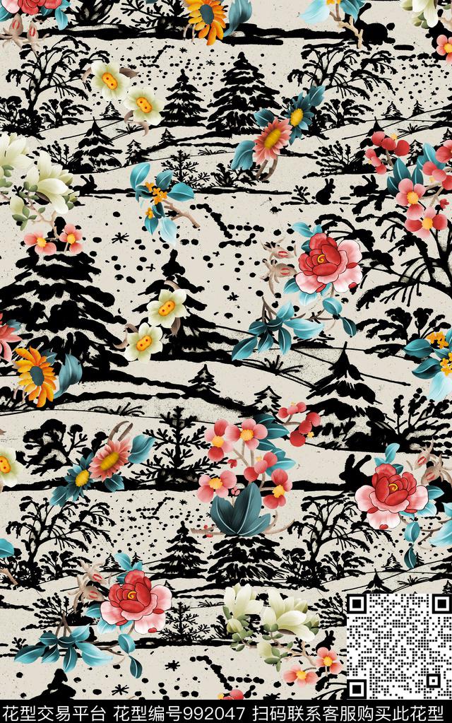 民族风抽象花卉数码印花华亿平台下载（图片编号: 992047） - 瓦栏（Walan）