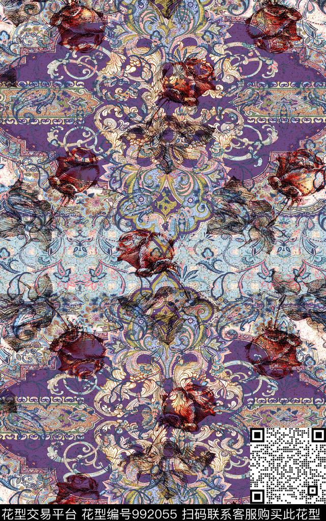 民族风抽象花卉数码印花华亿平台下载（图片编号: 992055） - 瓦栏（Walan）