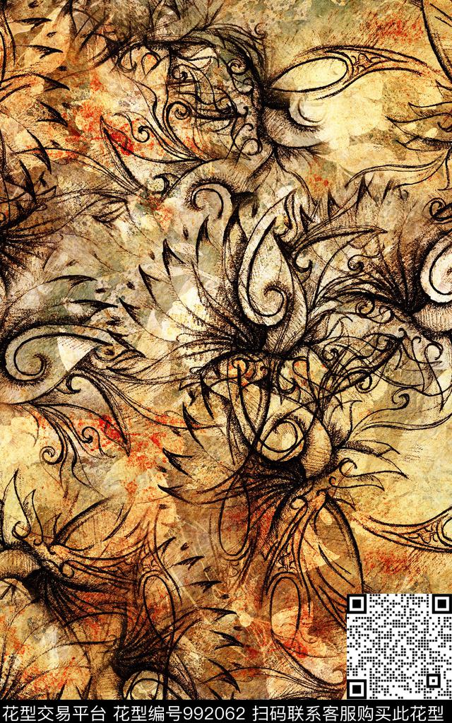 民族风抽象复古数码印花华亿平台下载（图片编号: 992062） - 瓦栏（Walan）