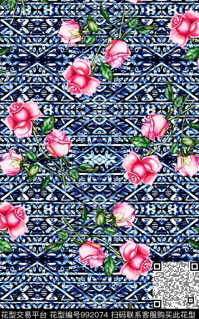 民族风抽象花卉数码印花华亿平台下载（图片编号: 992074） - 瓦栏（Walan）