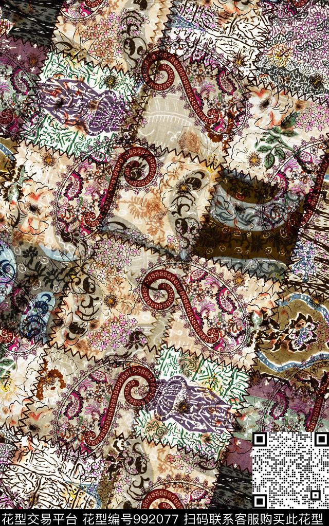 民族风抽象花卉数码印花华亿平台下载（图片编号: 992077） - 瓦栏（Walan）