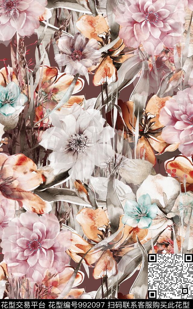 民族风抽象花卉数码印花华亿平台下载（图片编号: 992097） - 瓦栏（Walan）