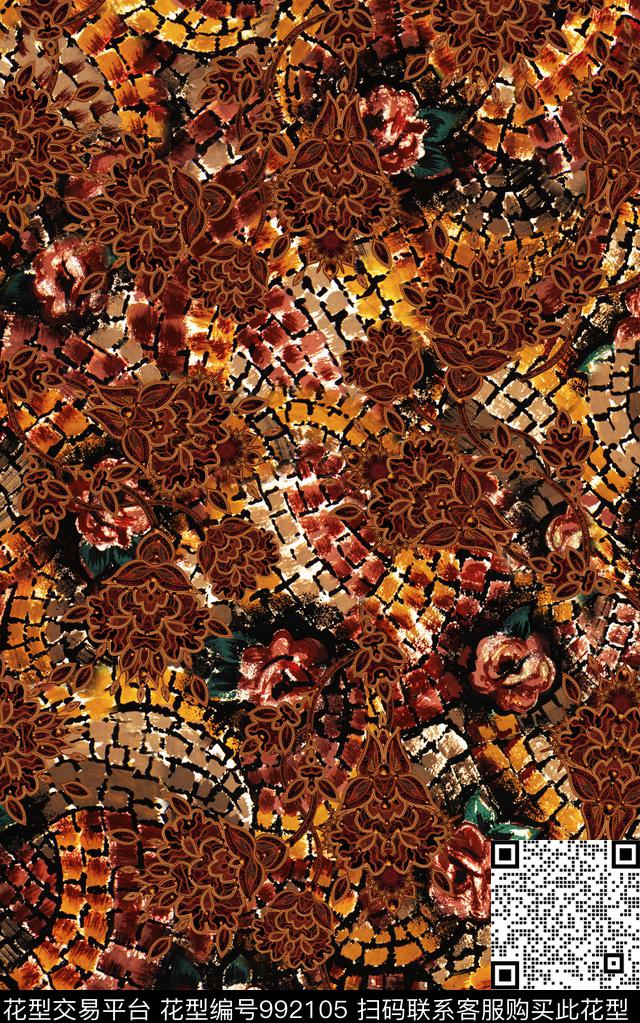 民族风抽象花卉数码印花华亿平台下载（图片编号: 992105） - 瓦栏（Walan）