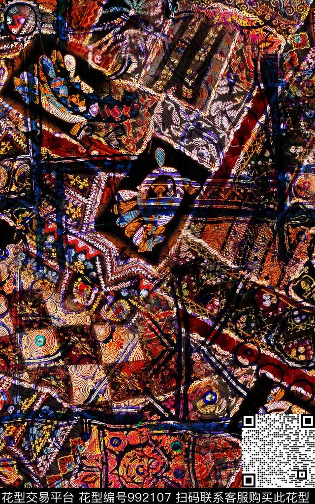 民族风抽象花卉数码印花华亿平台下载（图片编号: 992107） - 瓦栏（Walan）