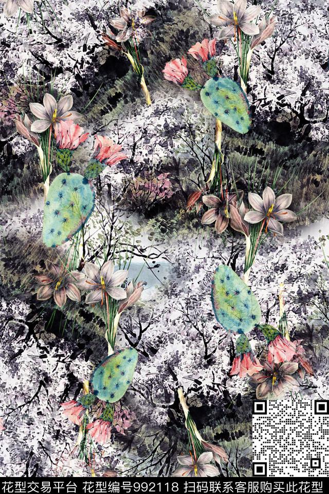 数码华亿平台抽象仙人掌数码印花华亿平台下载（图片编号: 992118） - 瓦栏（Walan）