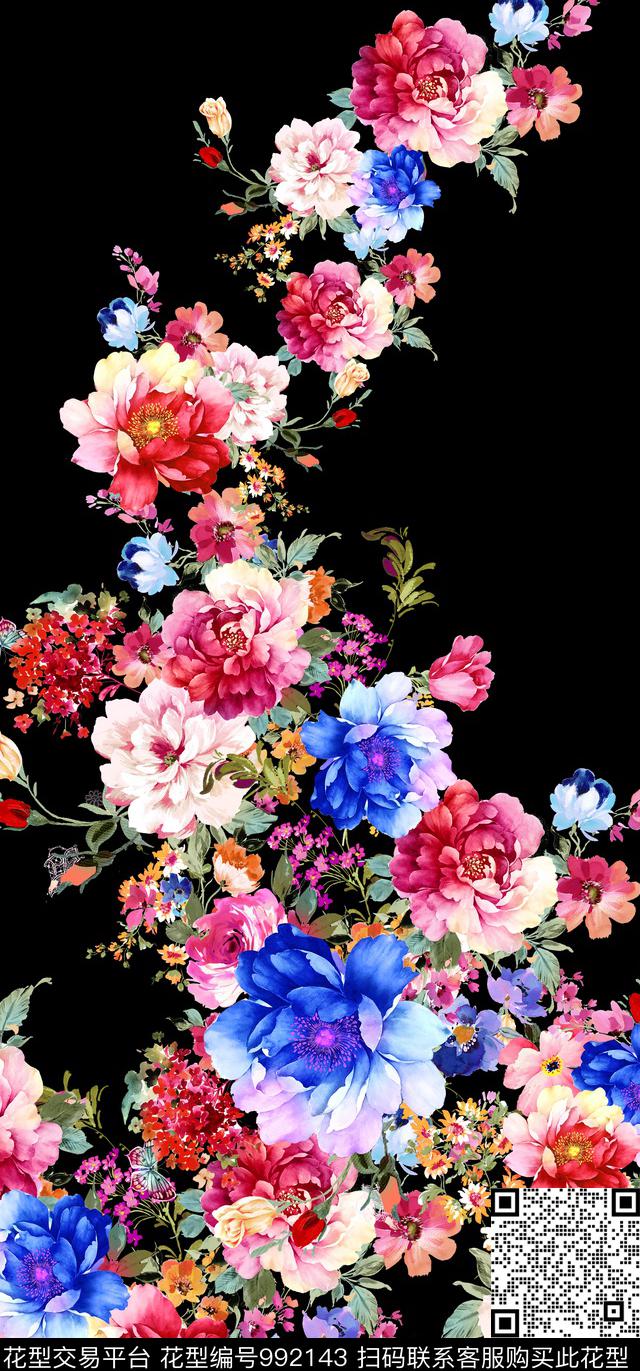 黑底花卉手绘花卉定位花卉数码印花华亿平台下载（图片编号: 992143） - 瓦栏（Walan）