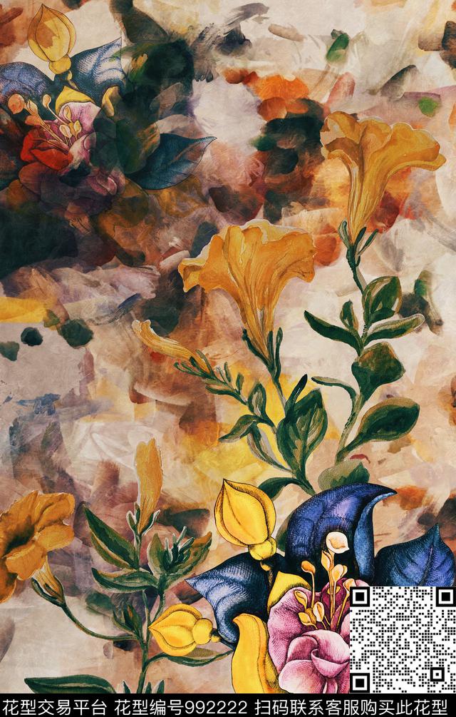 花卉复古定位花数码印花华亿平台下载（图片编号: 992222） - 瓦栏（Walan）