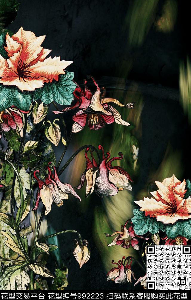 花卉复古定位花数码印花华亿平台下载（图片编号: 992223） - 瓦栏（Walan）