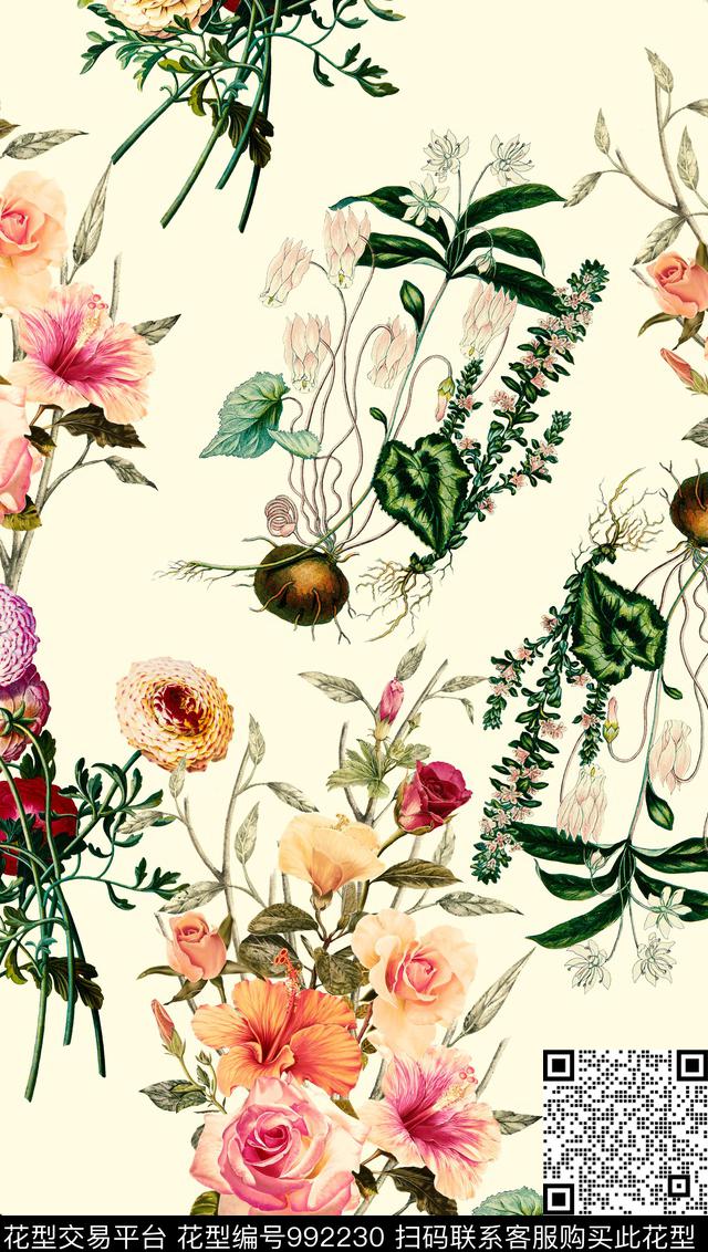 花卉复古清爽底花卉数码印花华亿平台下载（图片编号: 992230） - 瓦栏（Walan）