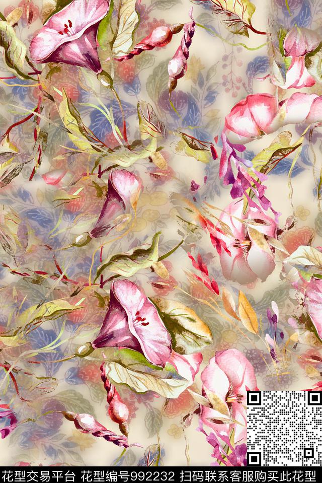 花卉复古清爽底花卉数码印花华亿平台下载（图片编号: 992232） - 瓦栏（Walan）