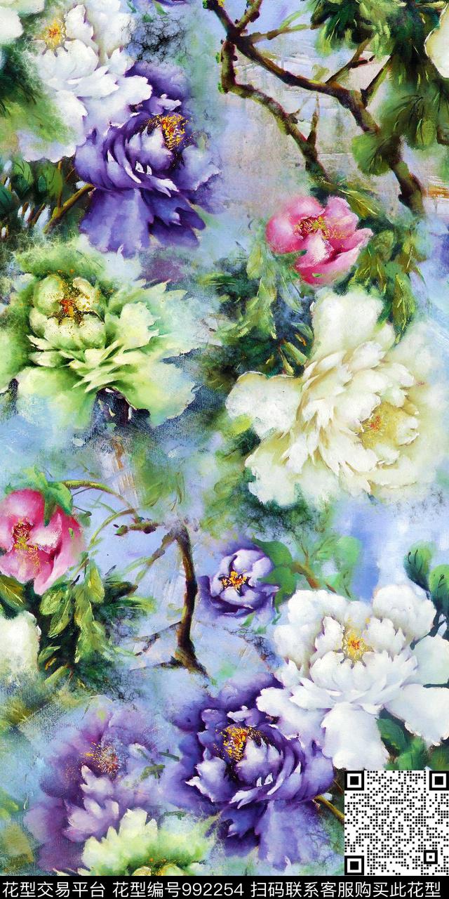 花卉3D立体水墨风数码印花华亿平台下载（图片编号: 992254） - 瓦栏（Walan）