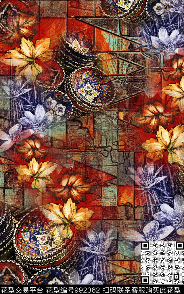 数码华亿平台民族风花卉数码印花华亿平台下载（图片编号: 992362） - 瓦栏（Walan）