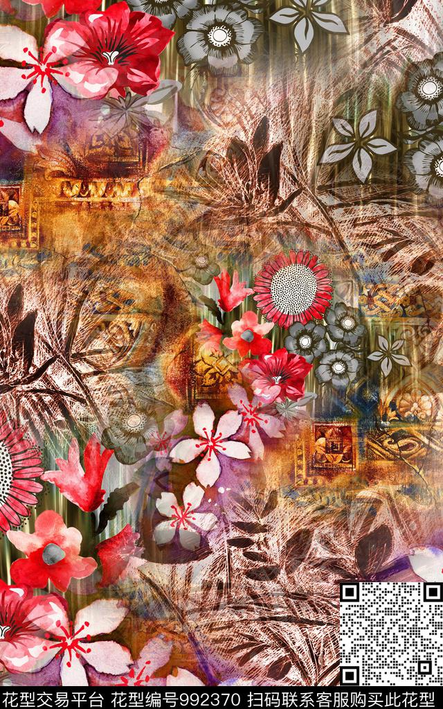 数码华亿平台民族风花卉数码印花华亿平台下载（图片编号: 992370） - 瓦栏（Walan）