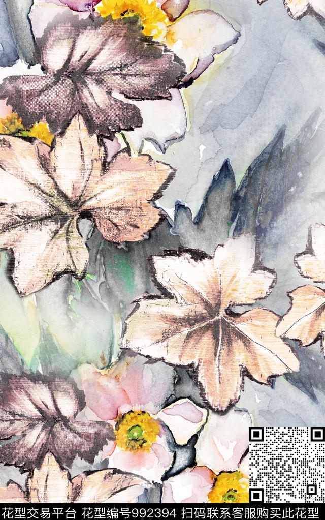 数码华亿平台花卉水彩花卉数码印花华亿平台下载（图片编号: 992394） - 瓦栏（Walan）