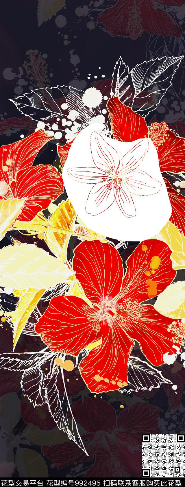 花卉定位花围巾数码印花华亿平台下载（图片编号: 992495） - 瓦栏（Walan）