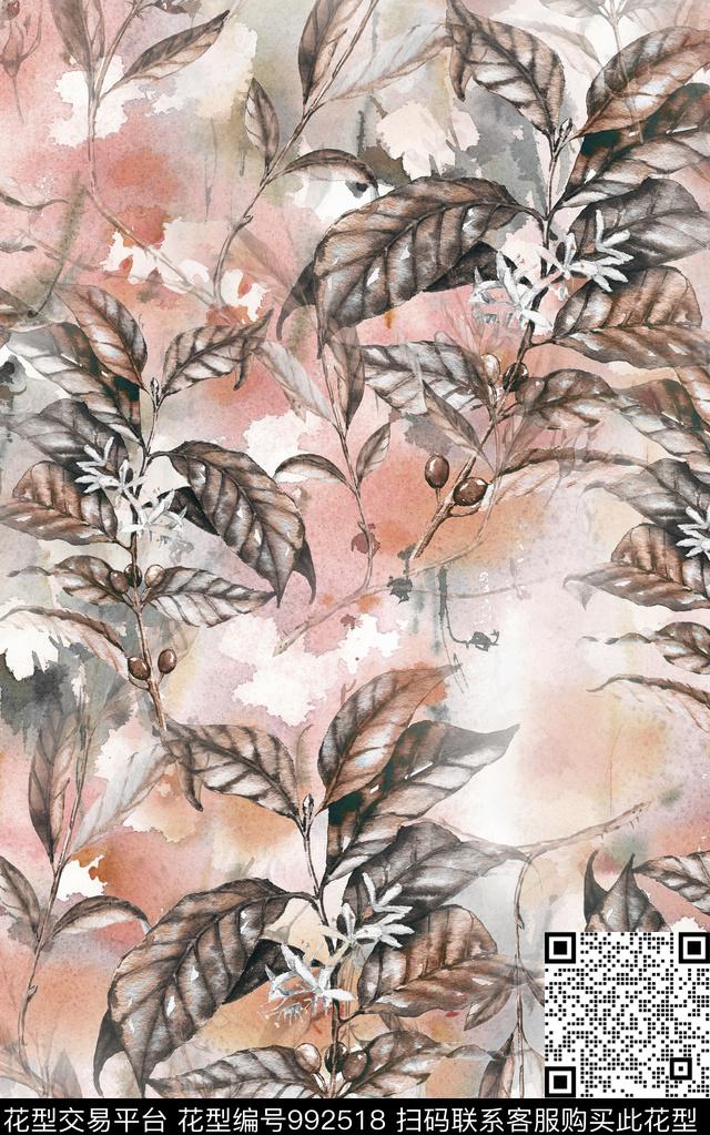 朦胧花卉复古绿植树叶数码印花华亿平台下载（图片编号: 992518） - 瓦栏（Walan）