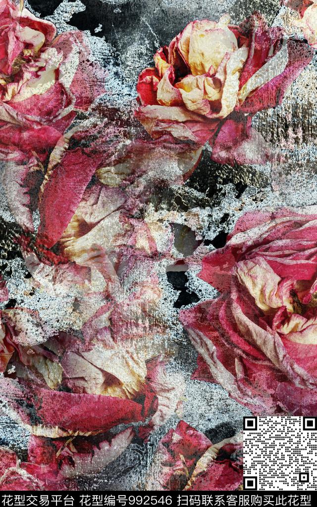 朦胧花卉抽象复古数码印花华亿平台下载（图片编号: 992546） - 瓦栏（Walan）