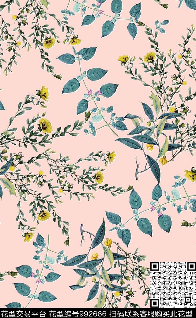绿植树叶小碎花数码印花华亿平台下载（图片编号: 992666） - 瓦栏（Walan）