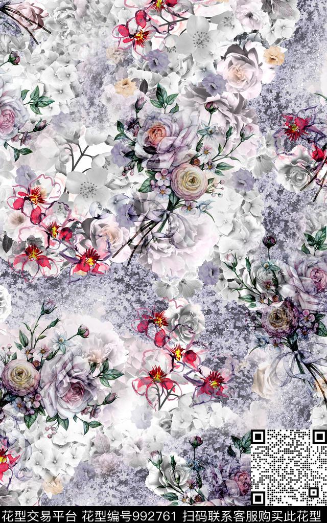 花卉复古数码印花华亿平台下载（图片编号: 992761） - 瓦栏（Walan）