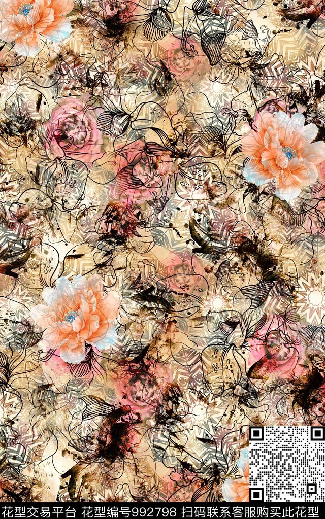 民族风抽象花卉数码印花华亿平台下载（图片编号: 992798） - 瓦栏（Walan）