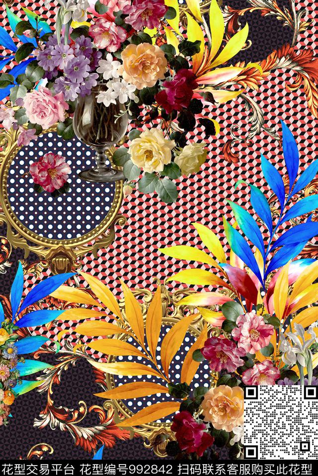 手绘花卉定位花欧洲数码印花华亿平台下载（图片编号: 992842） - 瓦栏（Walan）