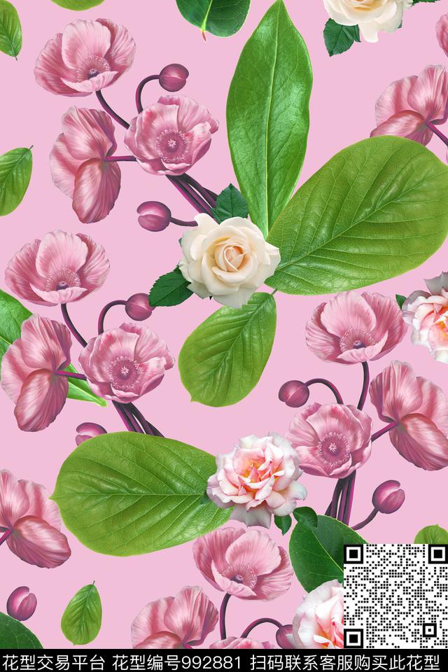 花卉玫瑰花绿植树叶数码印花华亿平台下载（图片编号: 992881） - 瓦栏（Walan）