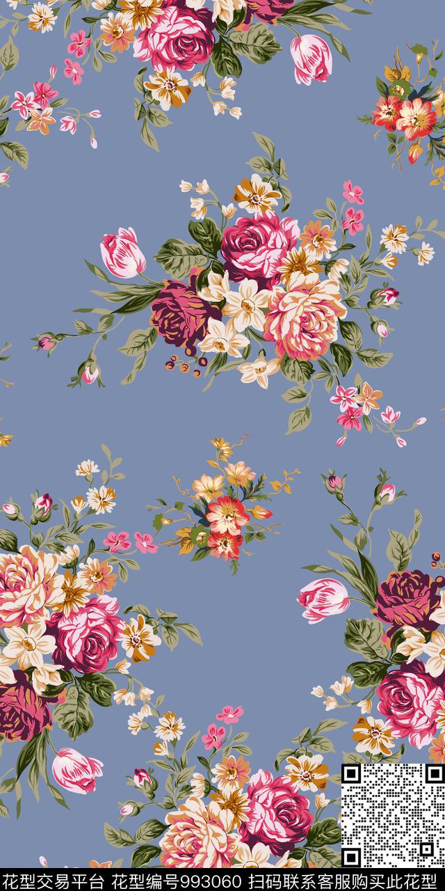数码华亿平台手绘花卉复古数码印花华亿平台下载（图片编号: 993060） - 瓦栏（Walan）