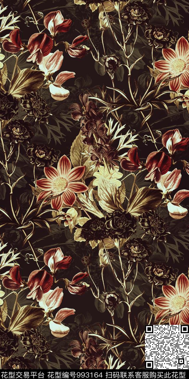 古典花纹旗袍兰花数码印花华亿平台下载（图片编号: 993164） - 瓦栏（Walan）