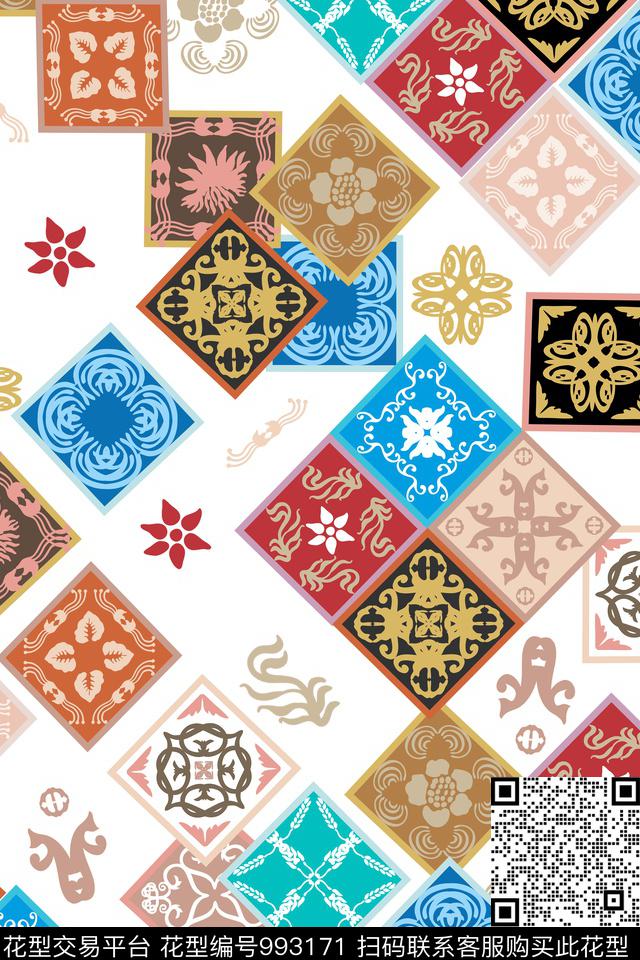 手绘花卉几何传统纹样数码印花华亿平台下载（图片编号: 993171） - 瓦栏（Walan）