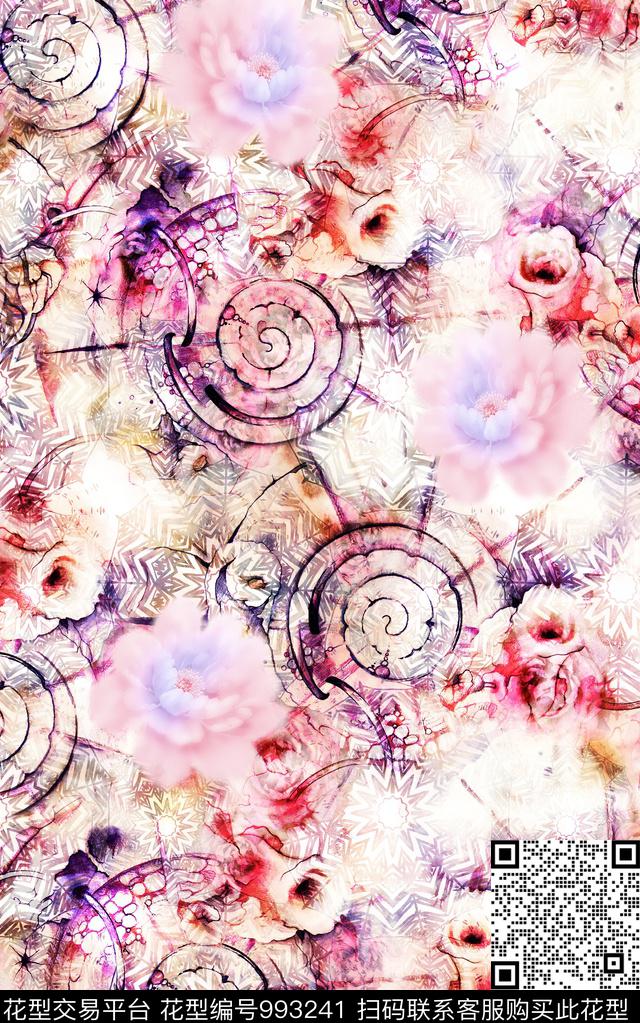 民族风抽象花卉数码印花华亿平台下载（图片编号: 993241） - 瓦栏（Walan）