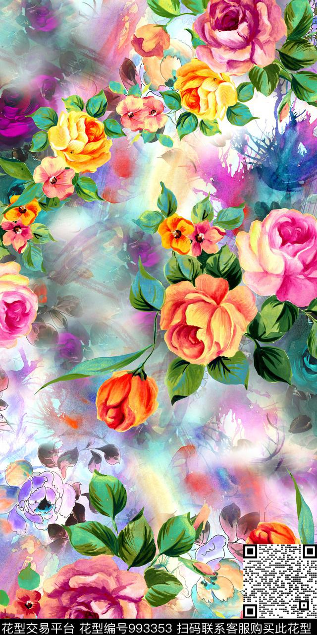 手绘花卉抽象花卉玫瑰花数码印花华亿平台下载（图片编号: 993353） - 瓦栏（Walan）