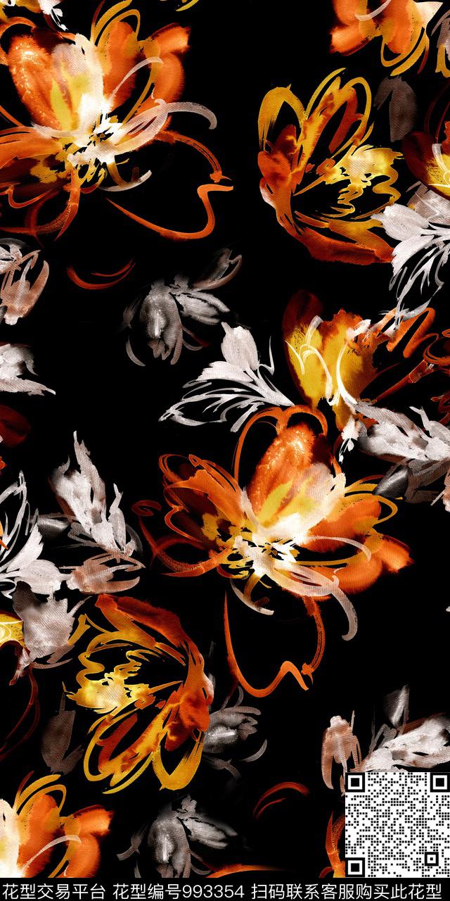 手绘花卉抽象花卉深底花卉数码印花华亿平台下载（图片编号: 993354） - 瓦栏（Walan）