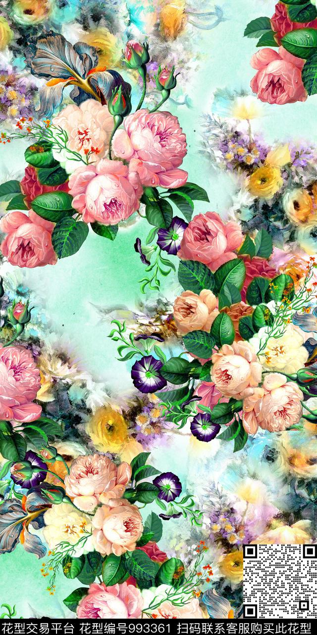 手绘花卉满版花卉春夏季华亿平台数码印花华亿平台下载（图片编号: 993361） - 瓦栏（Walan）