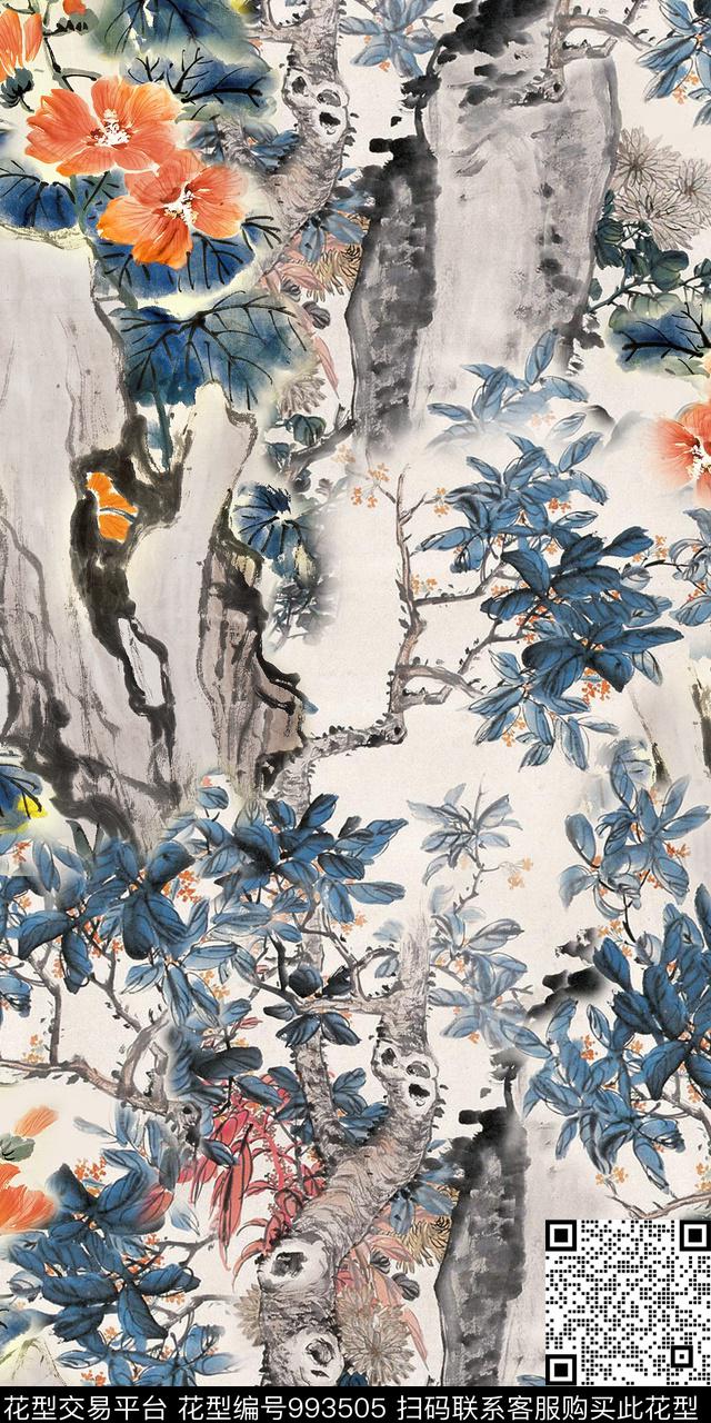 手绘花卉复古手绘树枝叶数码印花华亿平台下载（图片编号: 993505） - 瓦栏（Walan）