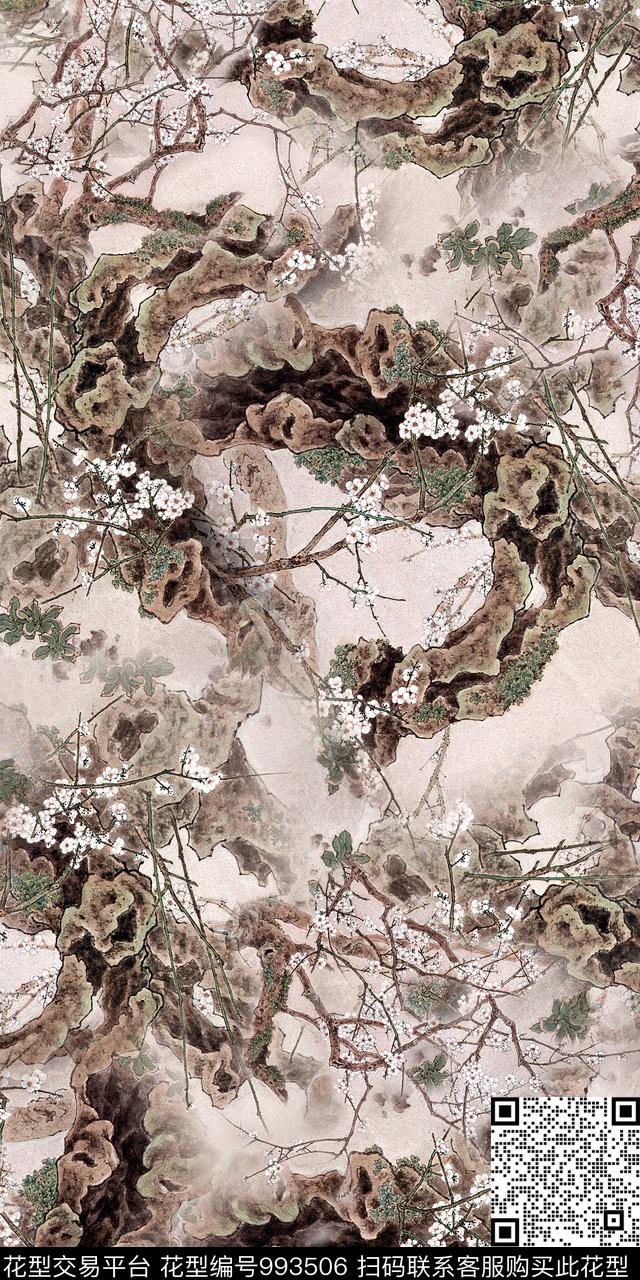 梅花手绘花卉复古数码印花华亿平台下载（图片编号: 993506） - 瓦栏（Walan）