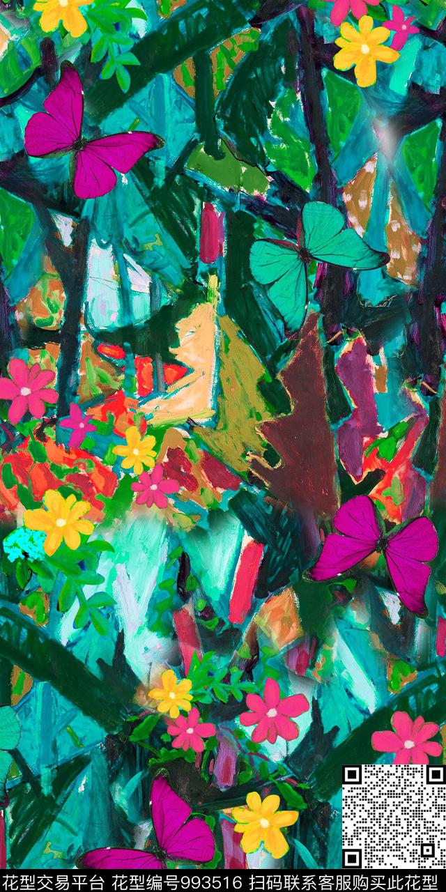 手绘花卉抽象花卉几何数码印花华亿平台下载（图片编号: 993516） - 瓦栏（Walan）
