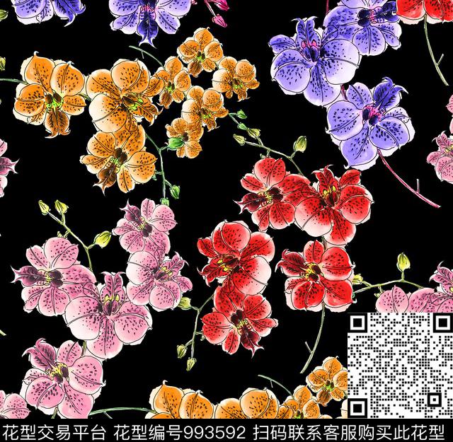 水彩花卉花卉蝴蝶兰数码印花华亿平台下载（图片编号: 993592） - 瓦栏（Walan）