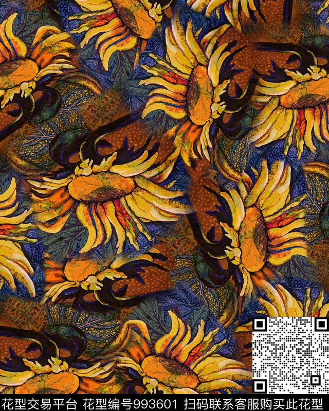 花卉向日葵民族风数码印花华亿平台下载（图片编号: 993601） - 瓦栏（Walan）