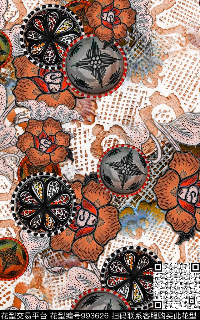 数码华亿平台民族风花卉数码印花华亿平台下载（图片编号: 993626） - 瓦栏（Walan）