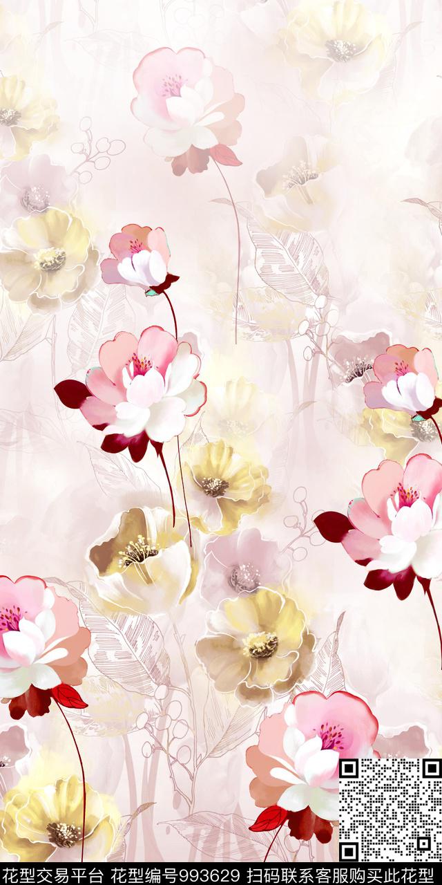 花卉牡丹水彩花卉数码印花华亿平台下载（图片编号: 993629） - 瓦栏（Walan）