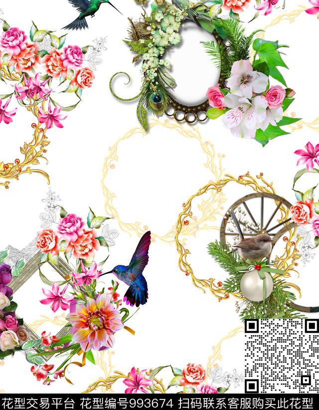 水彩花卉鸟花纹数码印花华亿平台下载（图片编号: 993674） - 瓦栏（Walan）