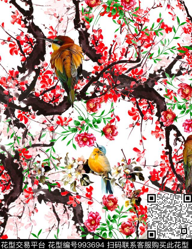 梅花中国风鸟数码印花华亿平台下载（图片编号: 993694） - 瓦栏（Walan）