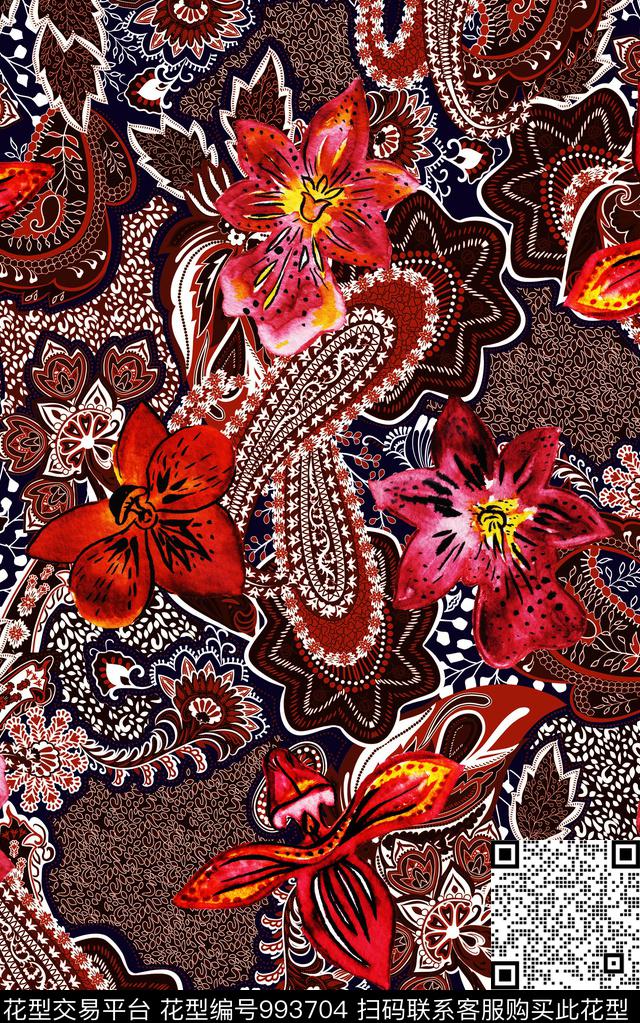 民族风抽象花卉数码印花华亿平台下载（图片编号: 993704） - 瓦栏（Walan）